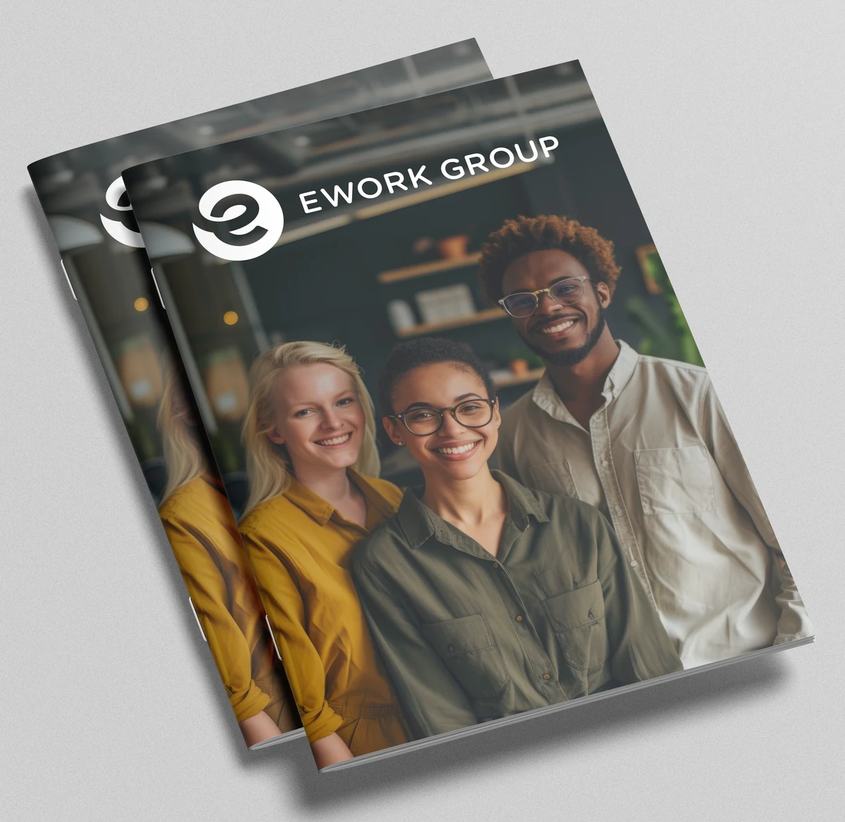 Ework Group brand magazine mockup with the new logo