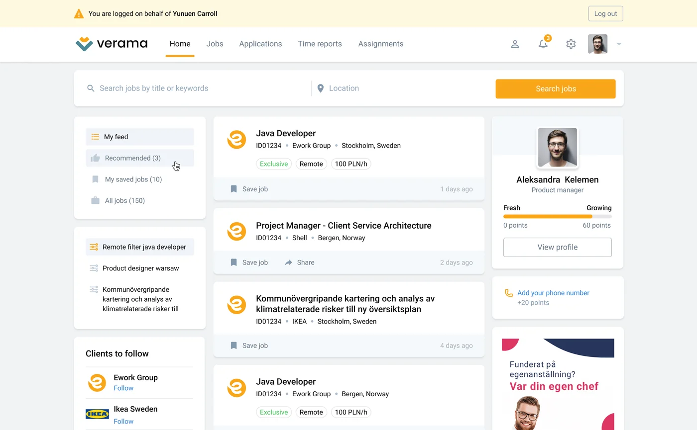 Banner shown while logged in on behalf of another user