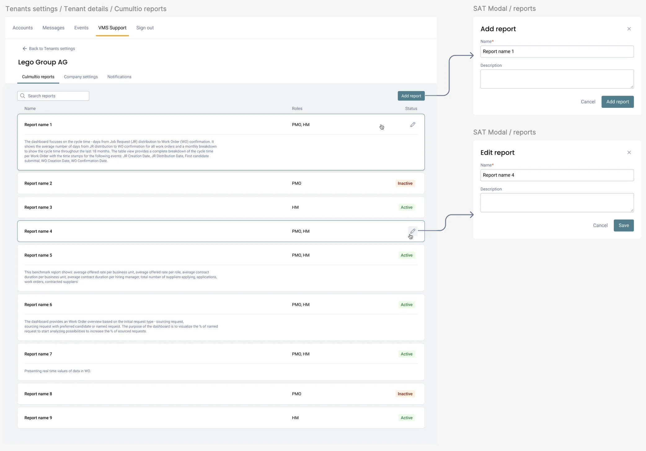 Roles and reports screen with per-report role scope