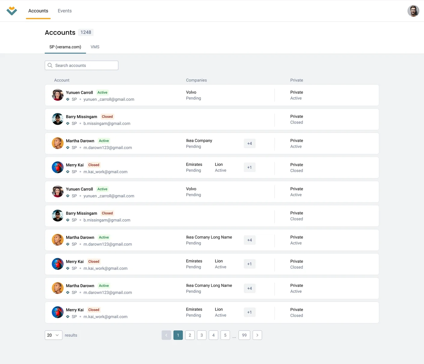 Suppliers list with a separate status for each client relationship